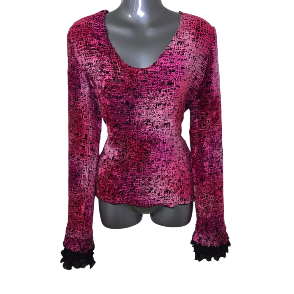 Vtg Pink Velvet Burnout Blouse Ruffle Cuffs Long Sleeve Womens Size Large Y2K